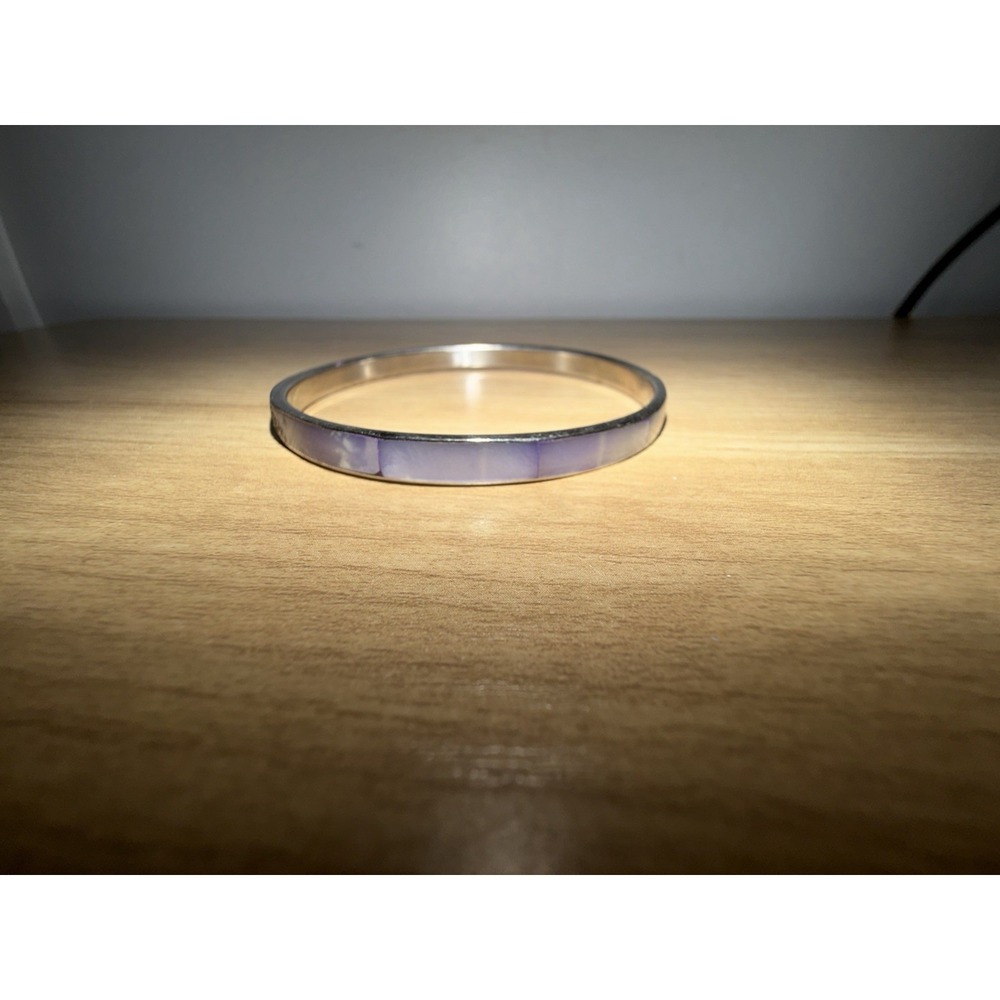 Vintage Silver Tone Purple Shell Inlay Thin Bangle Bracelet Unmarked Stackable